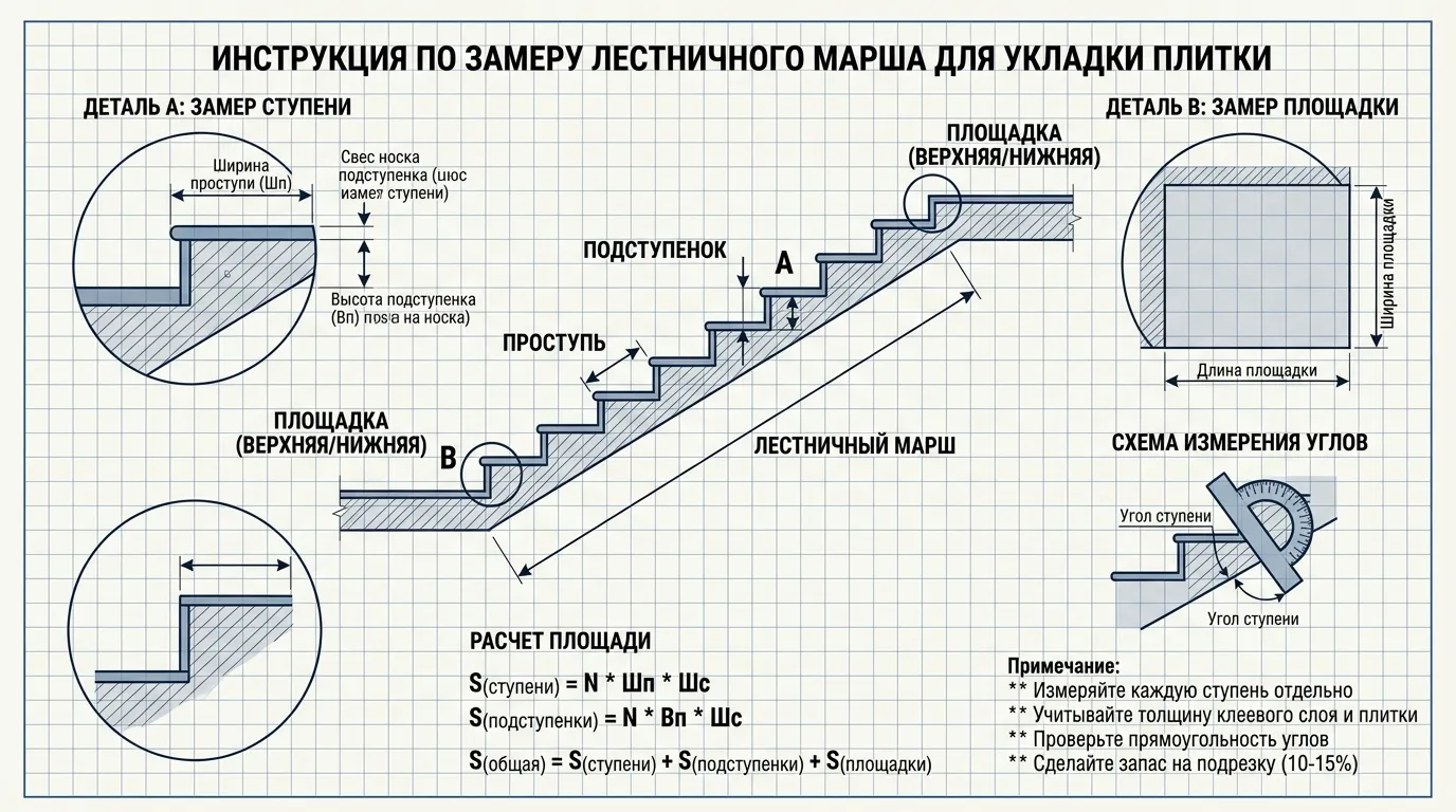 Схема замера лестничного марша для укладки ступеней