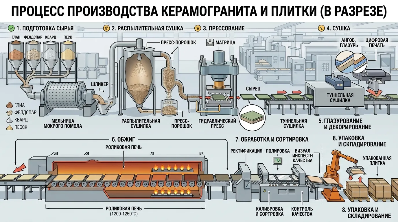 Процесс производства керамогранита и плитки в разрезе