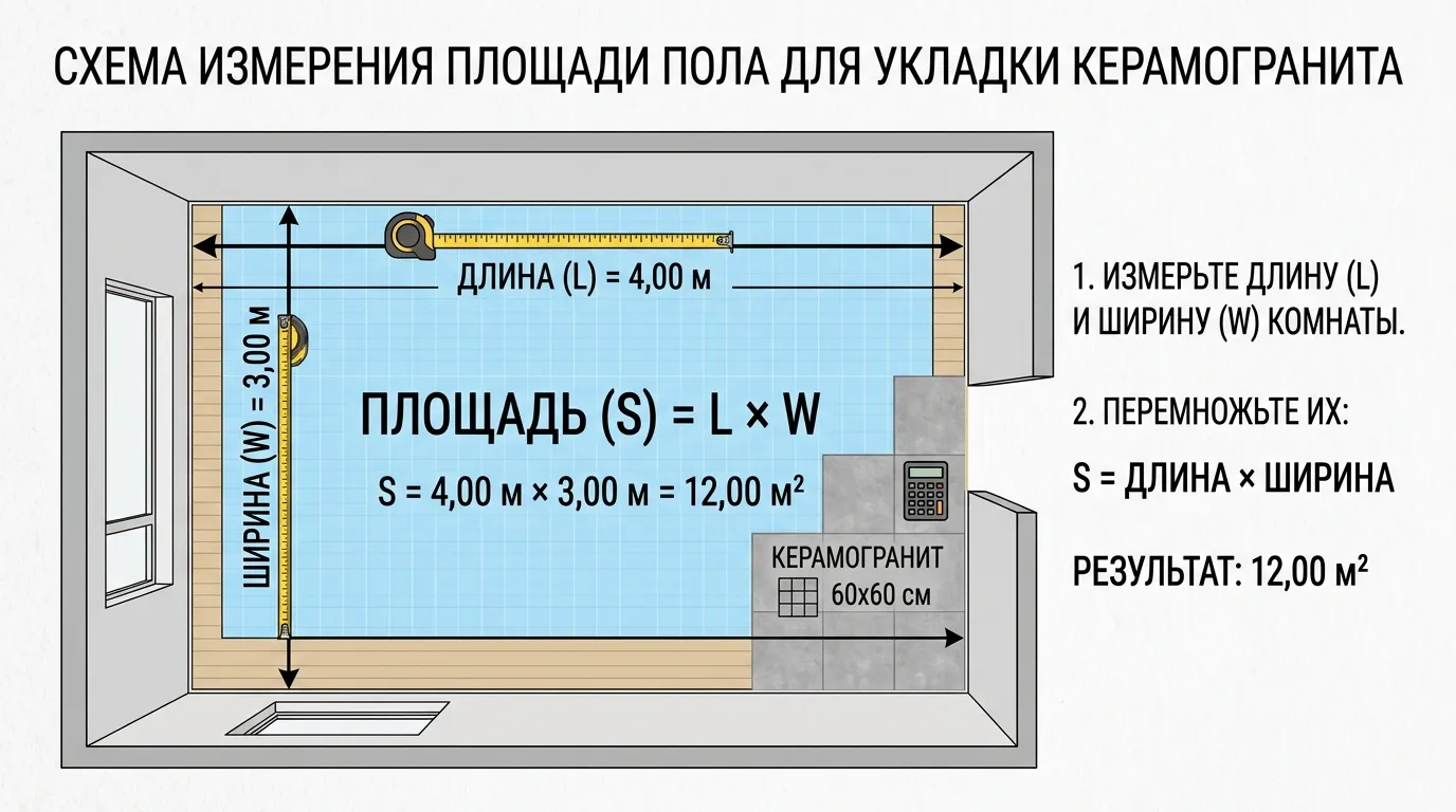 Схема измерения площади пола для укладки керамогранита. Если вы планируете укладку на пол, измерьте длину и ширину комнаты, перемножьте их и получите площадь в квадратных метрах